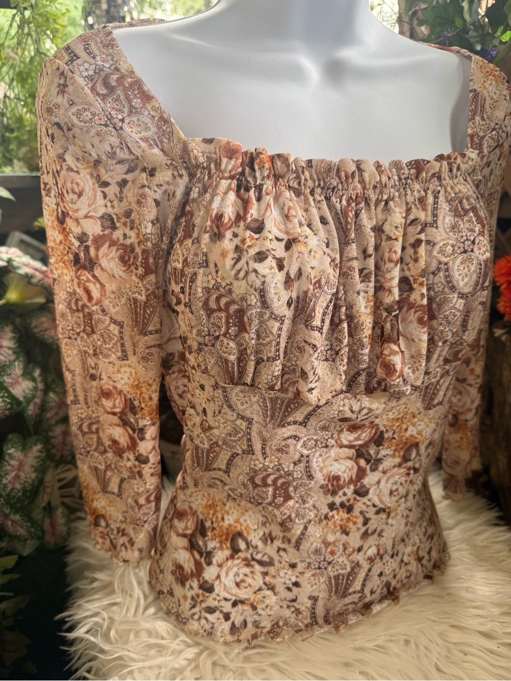 Floral Square-Neck Women's Top in Beige and Brown